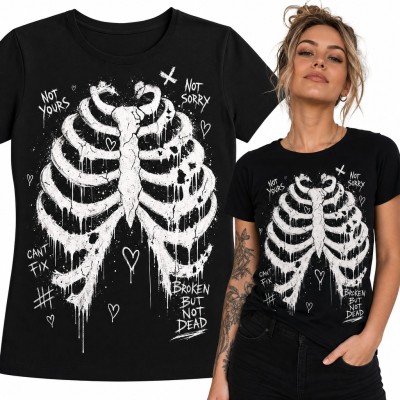 Koszulka damska szkielet żeber z napisem „Broken but not dead” w stylu grunge