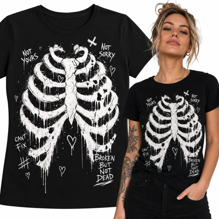 Koszulka damska szkielet żeber z napisem „Broken but not dead” w stylu grunge