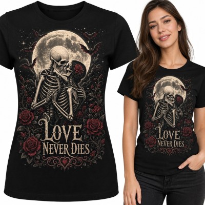 Koszulka damska „Love never dies” - całujące się szkielety w pełni księżyca