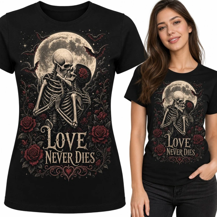 Koszulka damska „Love never dies” - całujące się szkielety w pełni księżyca