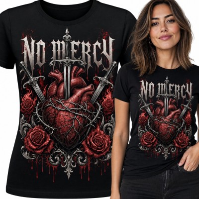 Koszulka damska gotycka „No Mercy” - anatomiczne serce przebite mieczami i róże