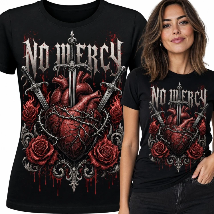 Koszulka damska gotycka „No Mercy” - anatomiczne serce przebite mieczami i róże