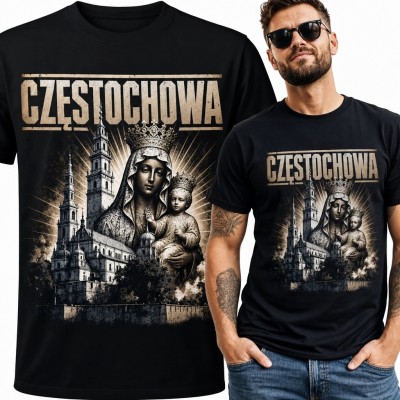 Koszulka męska „Częstochowa” z Matką Boską Częstochowską i Jasną Górą - motyw religijny