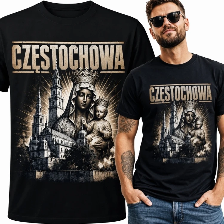 Koszulka męska „Częstochowa” z Matką Boską Częstochowską i Jasną Górą - motyw religijny