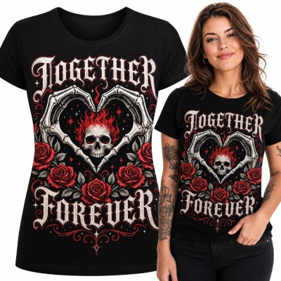 Koszulka damska z czaszką w sercu ze szkieletowych dłoni i różami „Together forever”