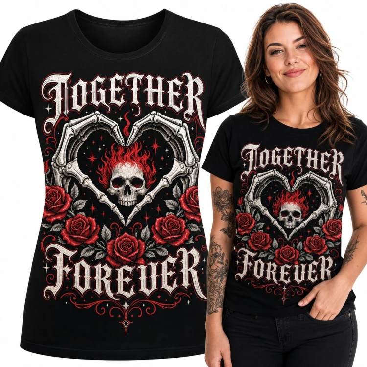 Koszulka damska z czaszką w sercu ze szkieletowych dłoni i różami „Together forever”