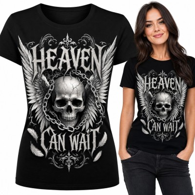 Koszulka damska z czaszką i skrzydłami anioła „Heaven can wait”