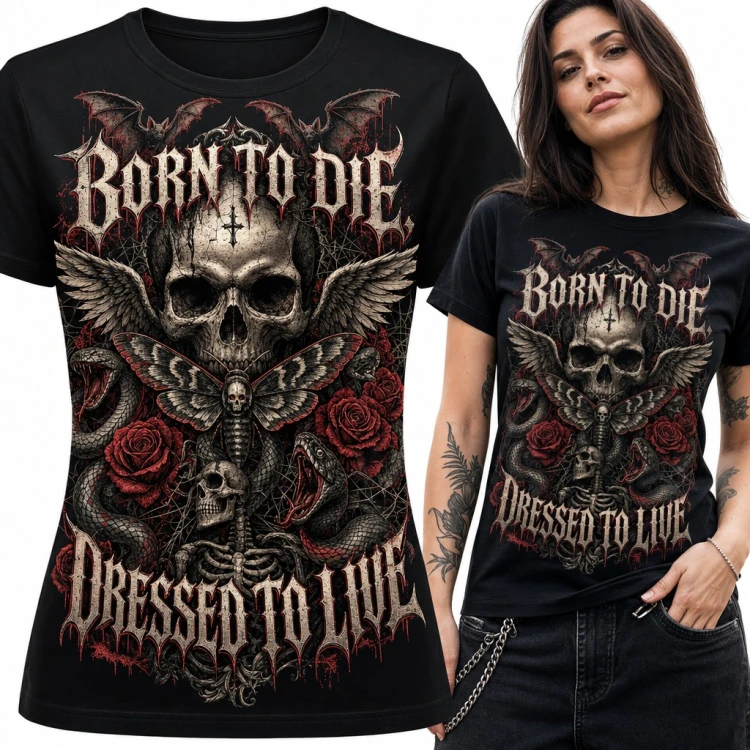 Koszulka damska gotycka czaszka z ćmą i różami - „Born to die, dressed to live”