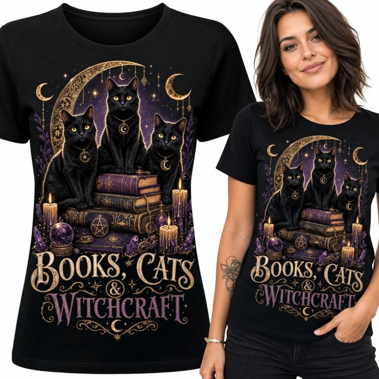 Koszulka damska czarne koty na magicznych księgach - „Books, Cats & Witchcraft”