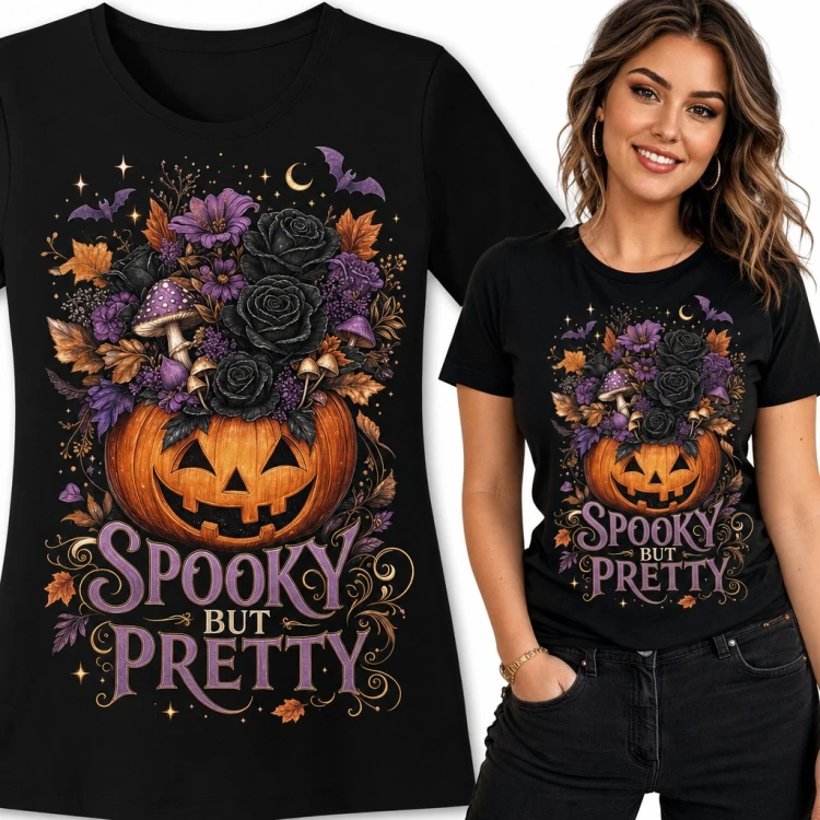 Koszulka damska „Spooky but pretty” - halloweenowa dynia z czarnymi różami