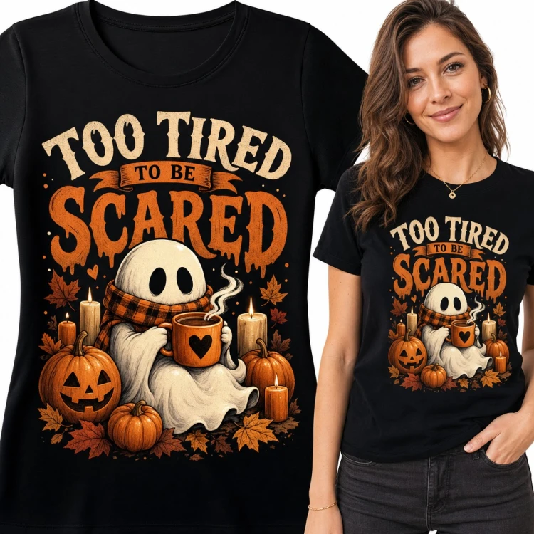 Koszulka damska „Too tired to be scared” - duszek z kawą i dyniami na Halloween