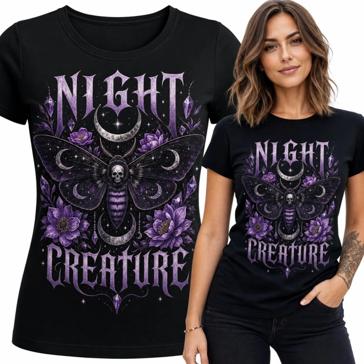 Koszulka damska gotycka ćma z czaszką i księżycami „Night Creature”