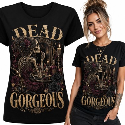 Koszulka damska szkieletka przy toaletce z czarnymi różami „Dead Gorgeous”
