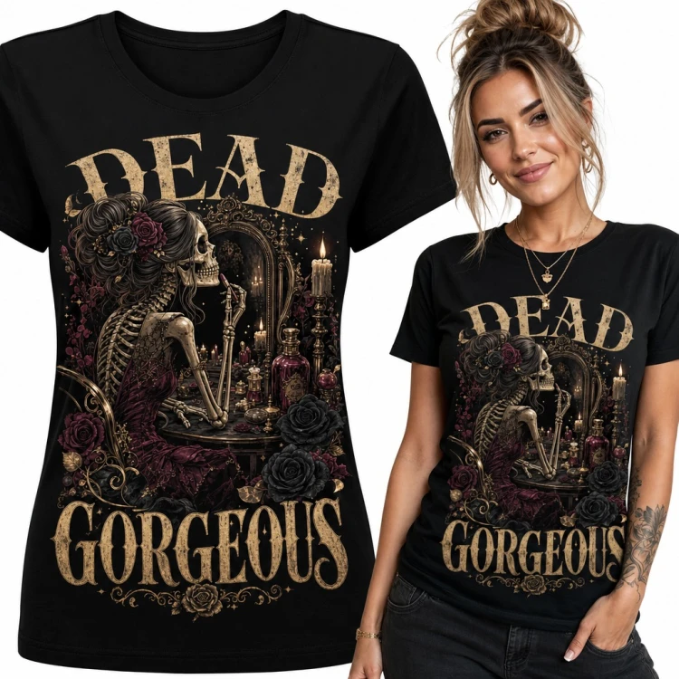Koszulka damska szkieletka przy toaletce z czarnymi różami „Dead Gorgeous”