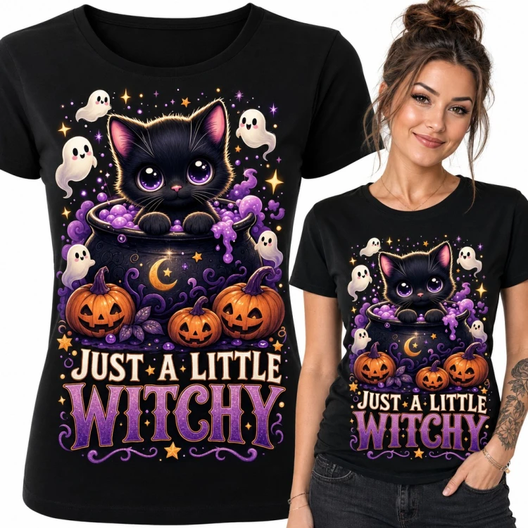 Koszulka damska „Just a little witchy” - czarny kotek w kociołku na Halloween