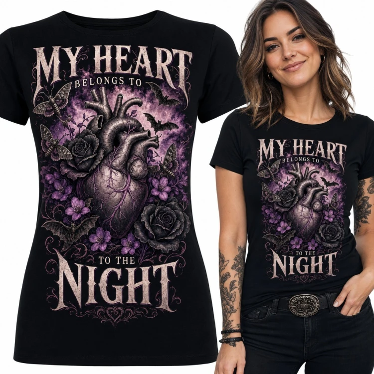 Koszulka damska gotycka „My heart belongs to the night” - anatomiczne serce, czarne róże i nietoperze