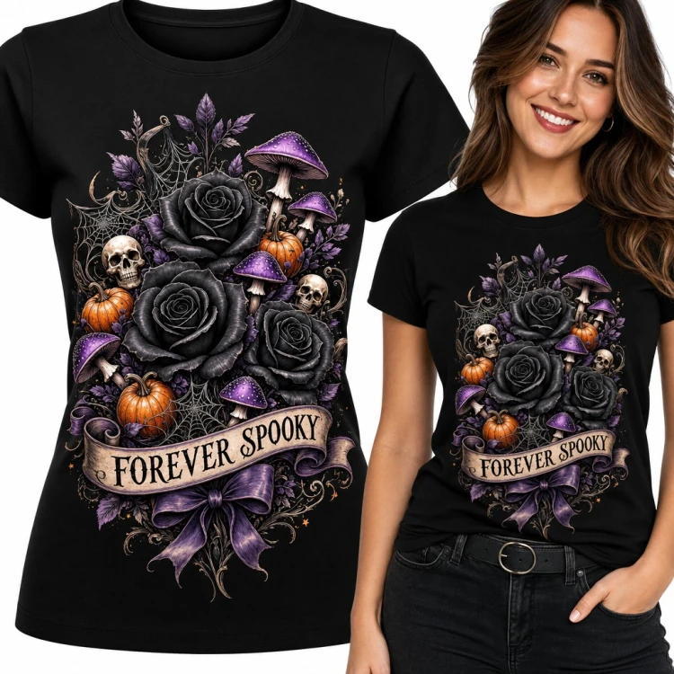 Koszulka damska „Forever Spooky” - gotyckie czarne róże z czaszkami i dyniami