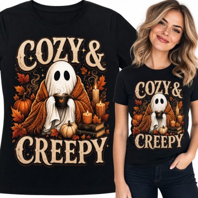 Koszulka damska z duszkiem pod kocem i kubkiem kawy „Cozy & Creepy” - jesienny wzór na Halloween
