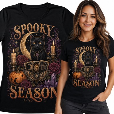 Koszulka damska „Spooky Season” - czarny kot z tarotem i półksiężycem na Halloween