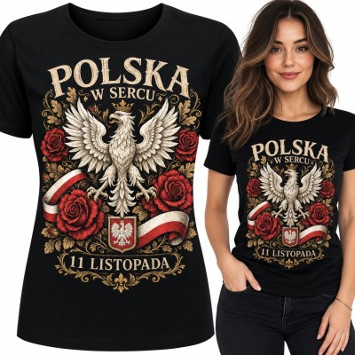 Koszulka damska „Polska w sercu” - orzeł w koronie z różami na 11 listopada