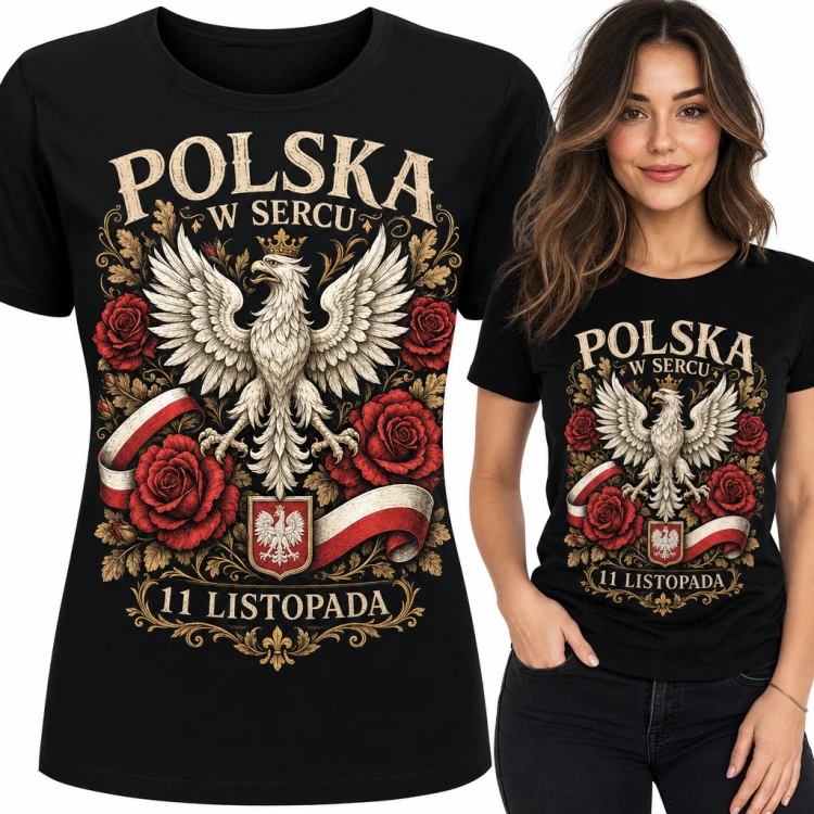 Koszulka damska „Polska w sercu” - orzeł w koronie z różami na 11 listopada