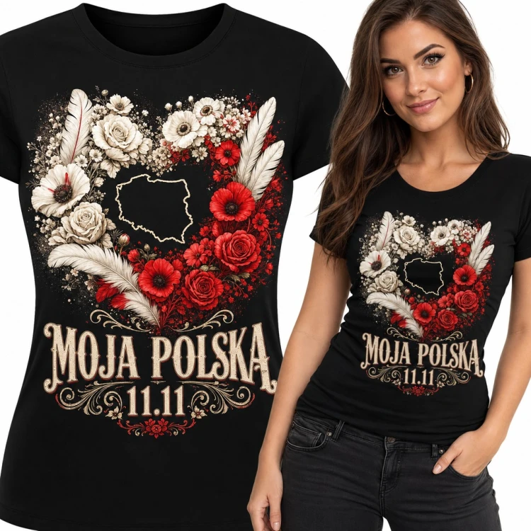Koszulka damska „Moja Polska 11.11” - biało-czerwone serce z kwiatów i mapą