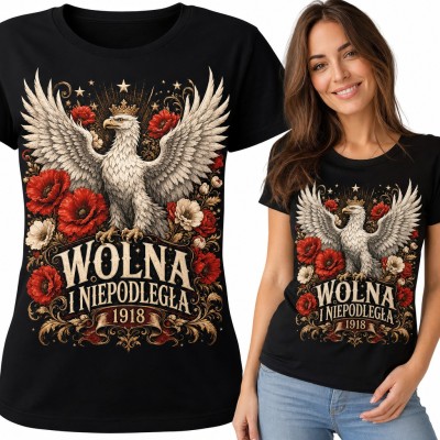 Koszulka damska „Wolna i niepodległa 1918” - orzeł w koronie i czerwone maki