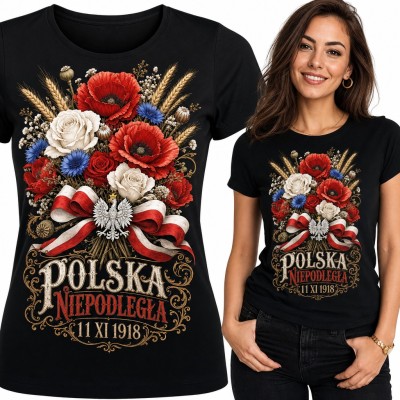 Koszulka damska „Polska Niepodległa 11 XI 1918” - bukiet maków i chabrów z orłem