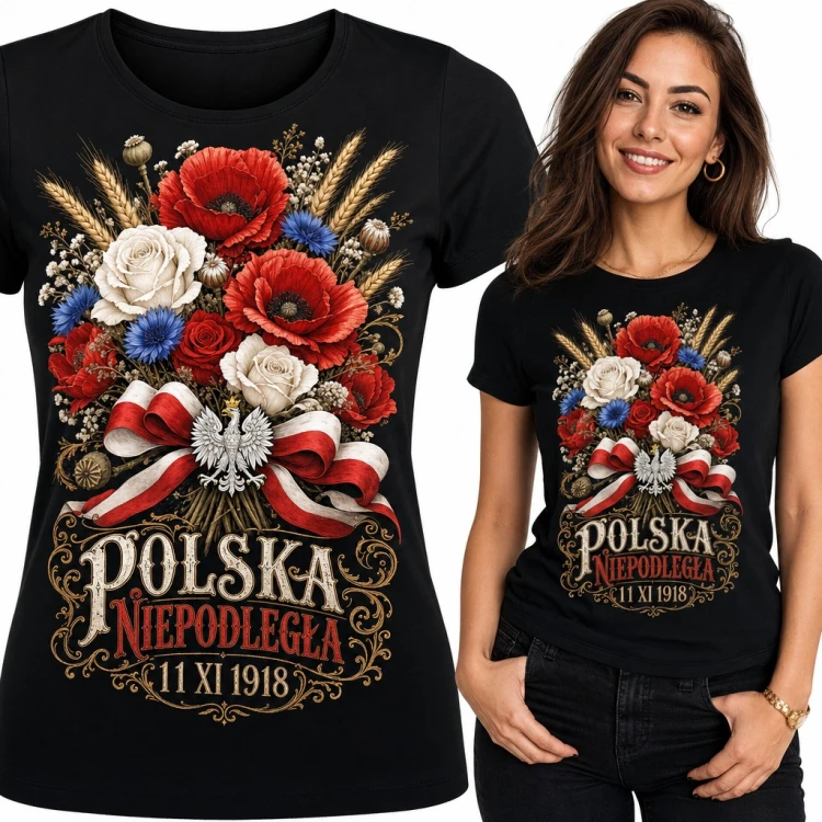 Koszulka damska „Polska Niepodległa 11 XI 1918” - bukiet maków i chabrów z orłem