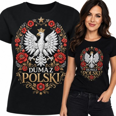 Koszulka damska z orłem w koronie i wieńcem kwiatów „Duma z Polski”