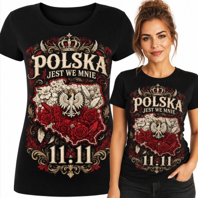 Koszulka damska „Polska jest we mnie 11.11” - mapa z róż i orzeł w koronie