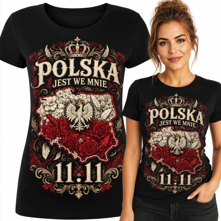 Koszulka damska „Polska jest we mnie 11.11” - mapa z róż i orzeł w koronie