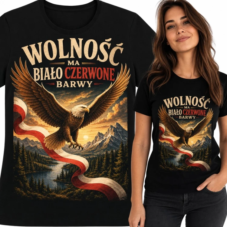 Koszulka damska patriotyczna „Wolność ma biało czerwone barwy” z orłem i wstęgą