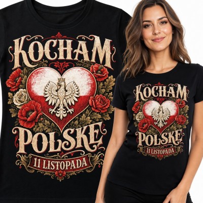 Koszulka damska „Kocham Polske 11 listopada” - serce z orłem i makami