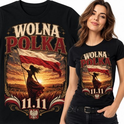 Koszulka damska „Wolna Polka 11.11” - kobieta z flagą Polski o zachodzie słońca