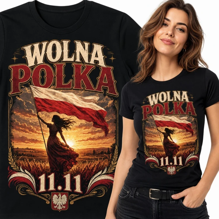 Koszulka damska „Wolna Polka 11.11” - kobieta z flagą Polski o zachodzie słońca