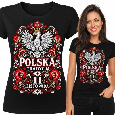 Koszulka damska „Polska tradycja 11 listopada” - orzeł w koronie i folkowe kwiaty
