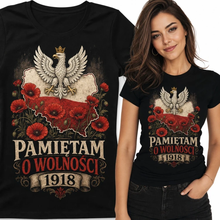 Koszulka damska „Pamiętam o wolności 1918” - orzeł, mapa Polski i maki