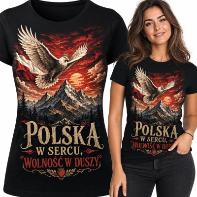 Koszulka damska „Polska w sercu, wolność w duszy” - orzeł w koronie z flagą nad górami