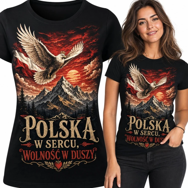 Koszulka damska „Polska w sercu, wolność w duszy” - orzeł w koronie z flagą nad górami