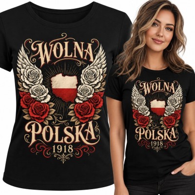 Koszulka damska „Wolna Polska 1918” - mapa w barwach narodowych ze skrzydłami i różami