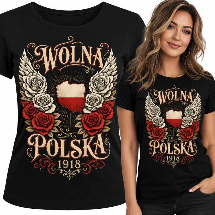 Koszulka damska „Wolna Polska 1918” - mapa w barwach narodowych ze skrzydłami i różami