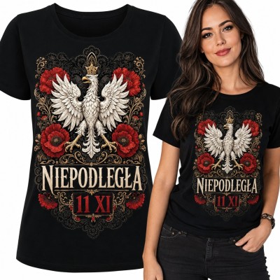 Koszulka damska z orłem w koronie i makami „Niepodległa 11 XI”