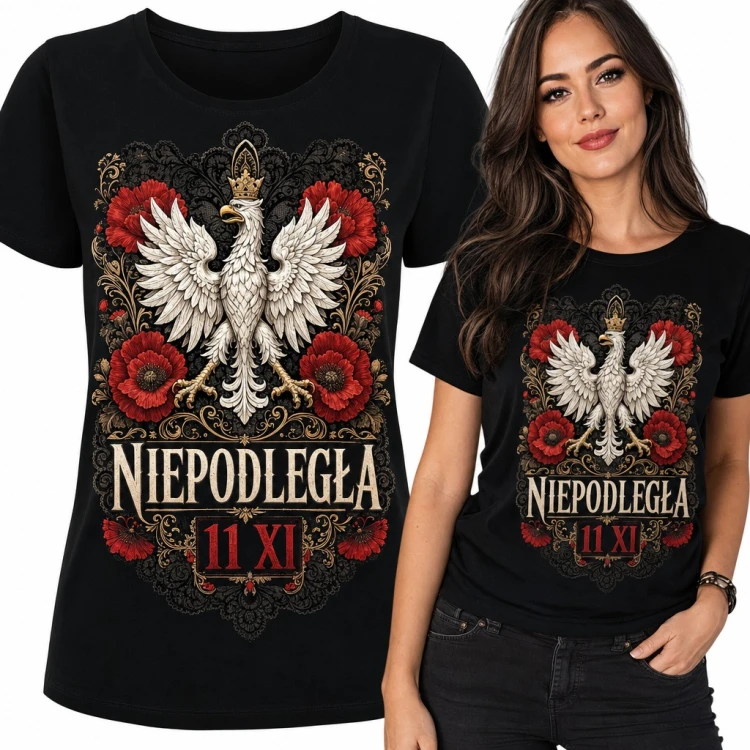 Koszulka damska z orłem w koronie i makami „Niepodległa 11 XI”