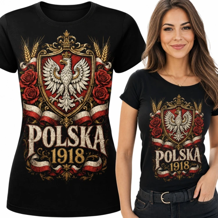Koszulka damska „Polska 1918” - orzeł w koronie z różami i kłosami