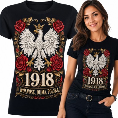 Koszulka damska patriotyczna z orłem w koronie i różami - „1918 Wolność, duma, Polska”