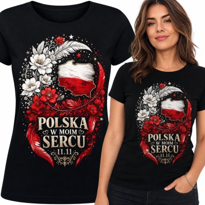 Koszulka damska „Polska w moim sercu 11.11” - mapa Polski w kwiatach i piórach