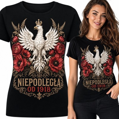 Koszulka damska z orłem w koronie i makami „Niepodległa od 1918”