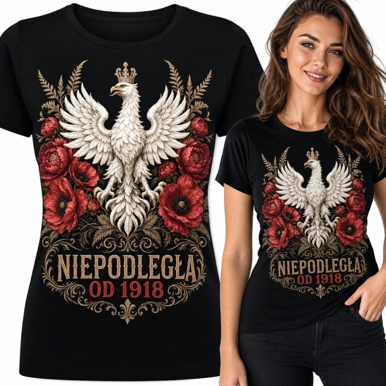 Koszulka damska z orłem w koronie i makami „Niepodległa od 1918”