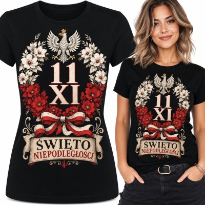 Koszulka damska „11 XI Święto Niepodległości” - orzeł w koronie i wieniec biało-czerwonych kwiatów